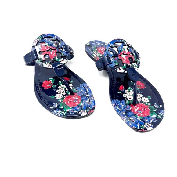 Tory Burch Miller Navy Floral Patent Leather Sandals Size 8 – Tea Rose Print - Picture 1 of 10